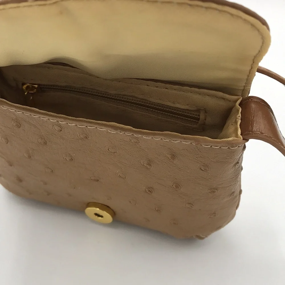 Mini tan ostrich-pattern purse with gold trim